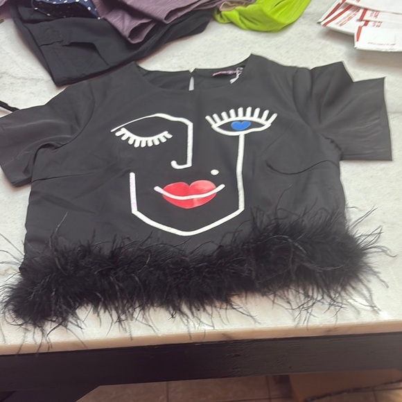 Black Graphic Face Top with Feather Trim - Picture 2 of 6